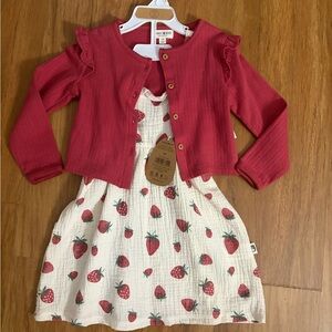 Adorable Strawberry Print Dress with Red Cardigan NWT